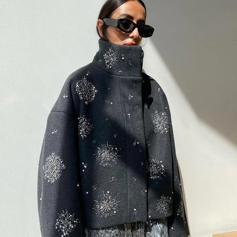 Casual Embroidery Beading Loose Women Coat Lapel Collar Bat Sleeve Solid Wool Blend Jacket Lady Luxury Outerwear