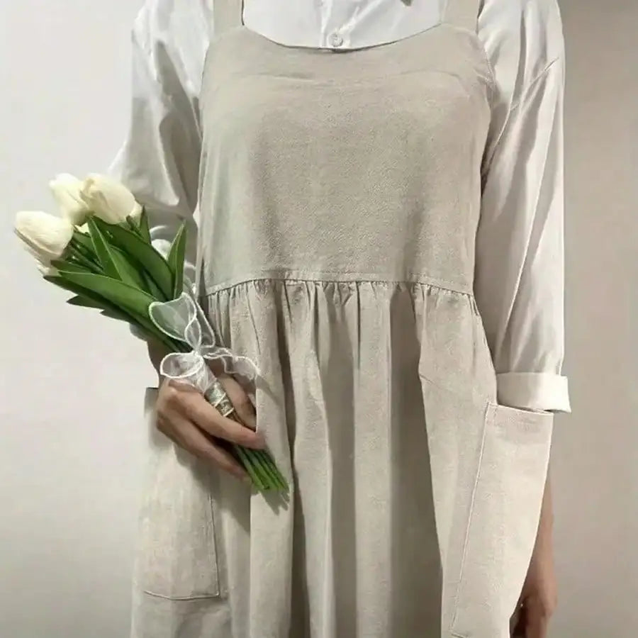 Japanese Linen Aprons for Women with Pockets Cross Back Cute Apron Dress for Gardening Painting Baking and Cooking