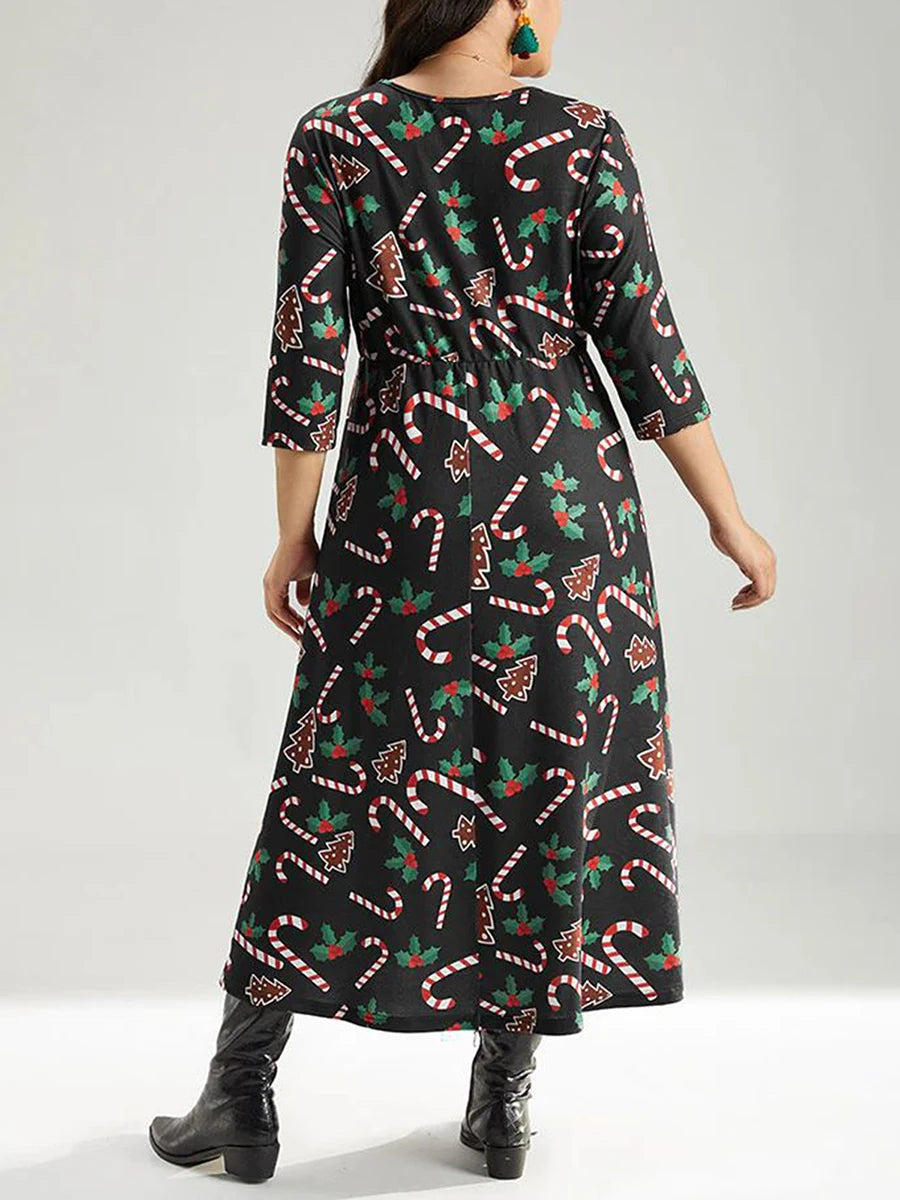 Women Plus Size Dress Candy Cane Print O-Neck  3/4 Sleeve Maxi Dress Winter Elegant Christmas Party Dress for Curvy Ladies