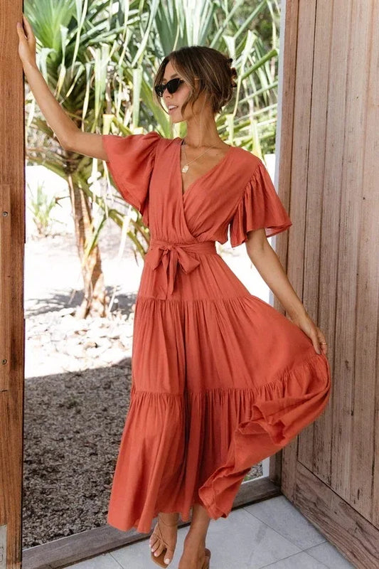 Bohemian V-Neck Short Sleeve Waist-Cinched Dress Skirt Dress