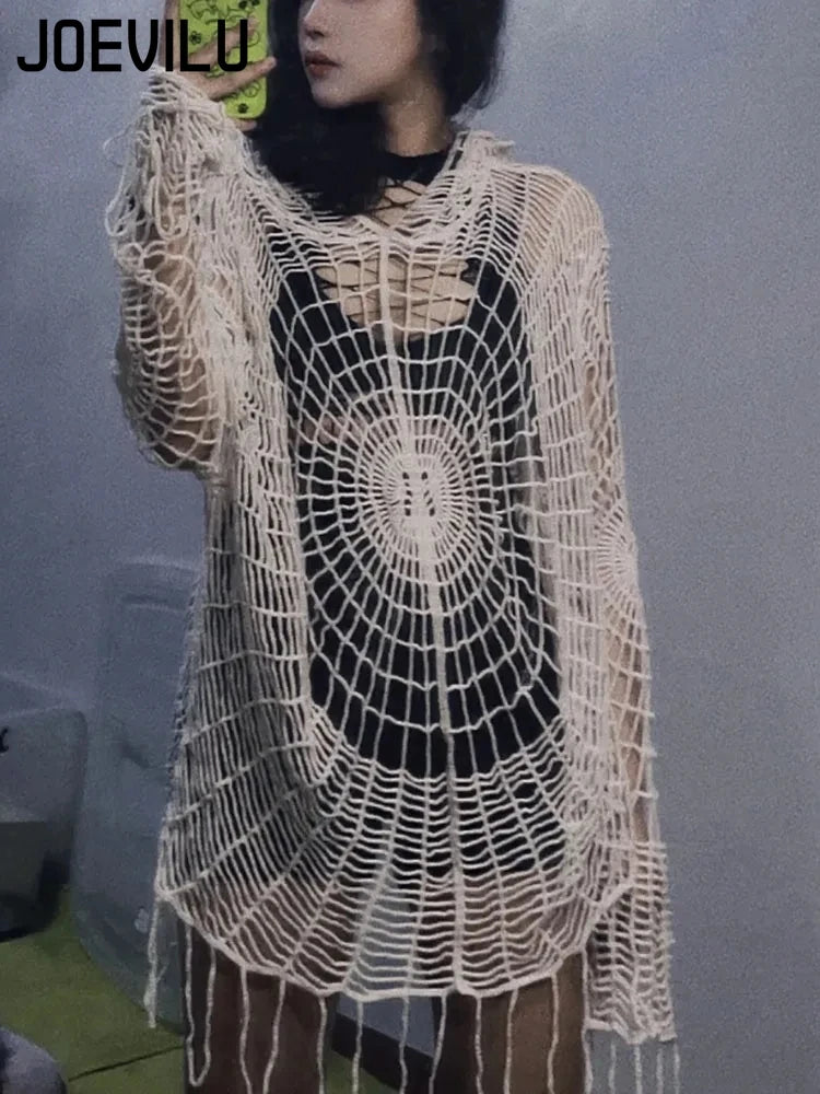 Hollow Knit Hooded  Goth Spider Web Sweater