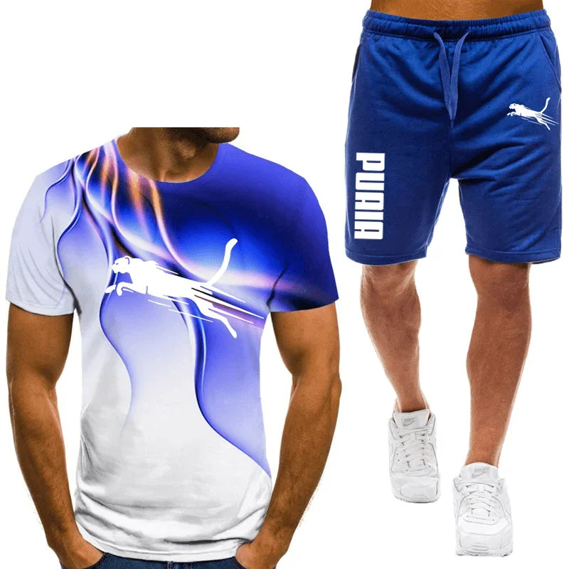 Two piece animal pattern printed men's suit summer casual daily men's short sleeved T-shirt outdoor street men's sports shorts