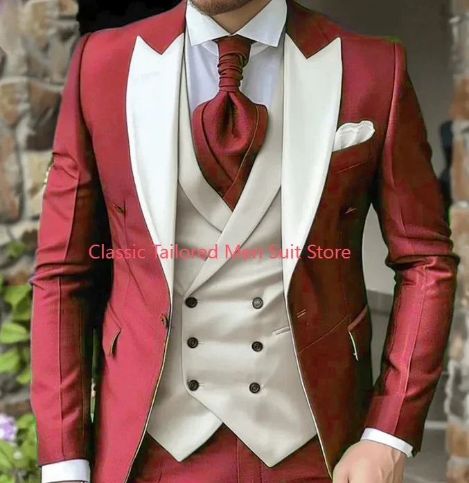 Elegant Wedding 3 Piece Jacket Pants Vest Full Set Luxury Single Breasted Peak Lapel  Male Clothing Men's Suits Blazer