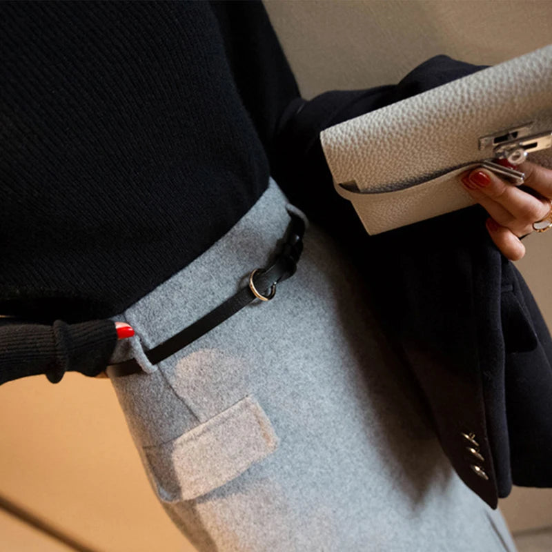 Belt Woolen  Slit Hip Wrap High Waist Slim A Line Skirt