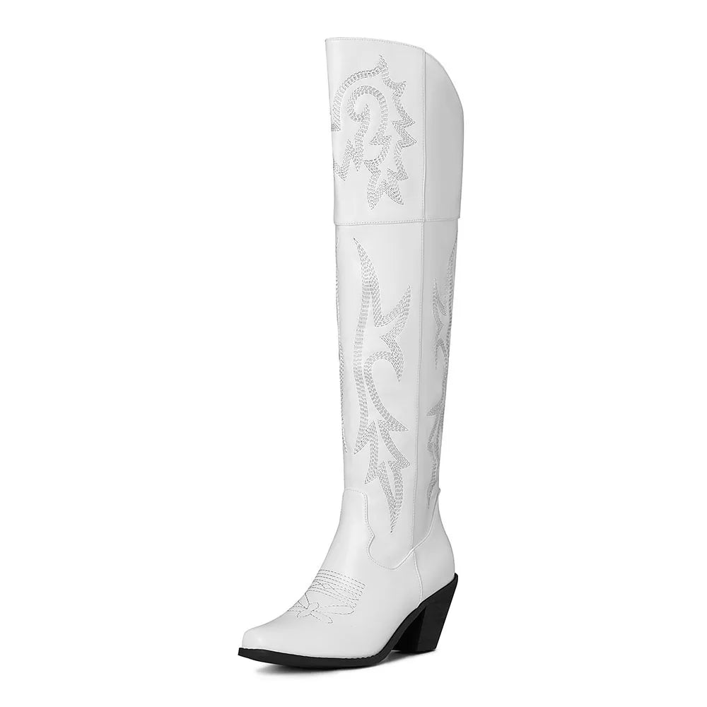 Embroidered Women Over Knee Western Boots Pointed Toe Side Zipper Chunky High Heel Shoes