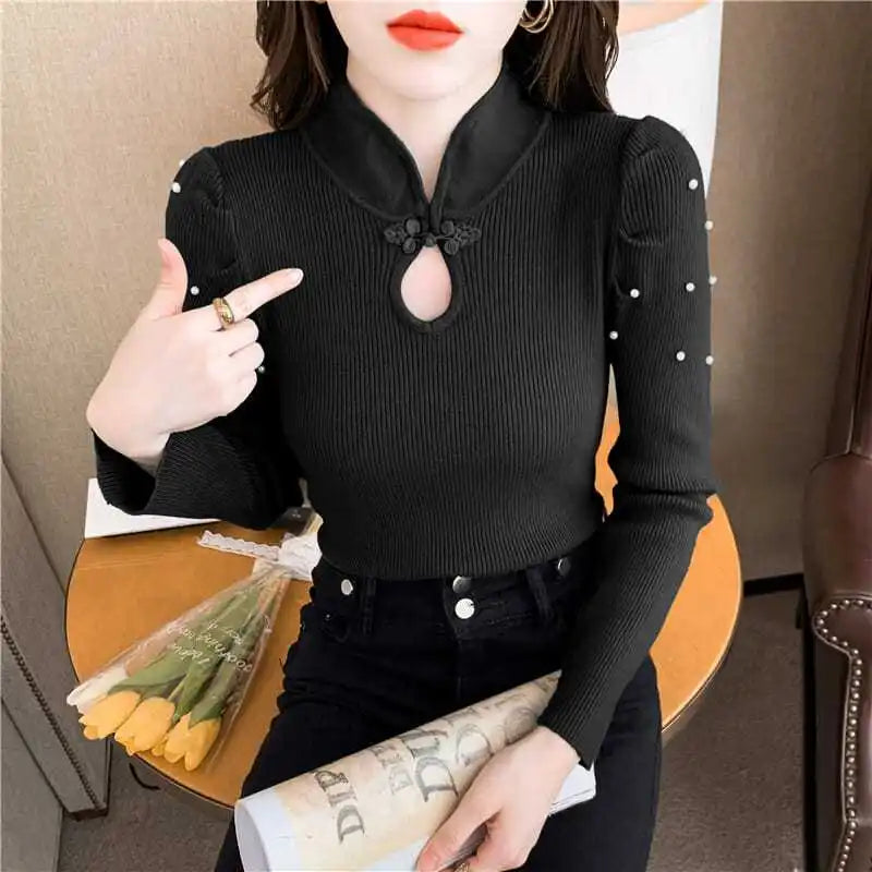 Button Beading Hollow Out Puff Sleeve Shirts