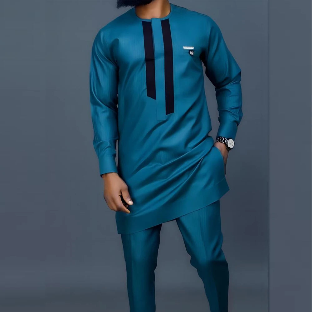 Men's  Wedding 2-Piece Suit Waist Pants Shirt Solid Color Panel Long Sleeve Party African Ethnic Style Clothing