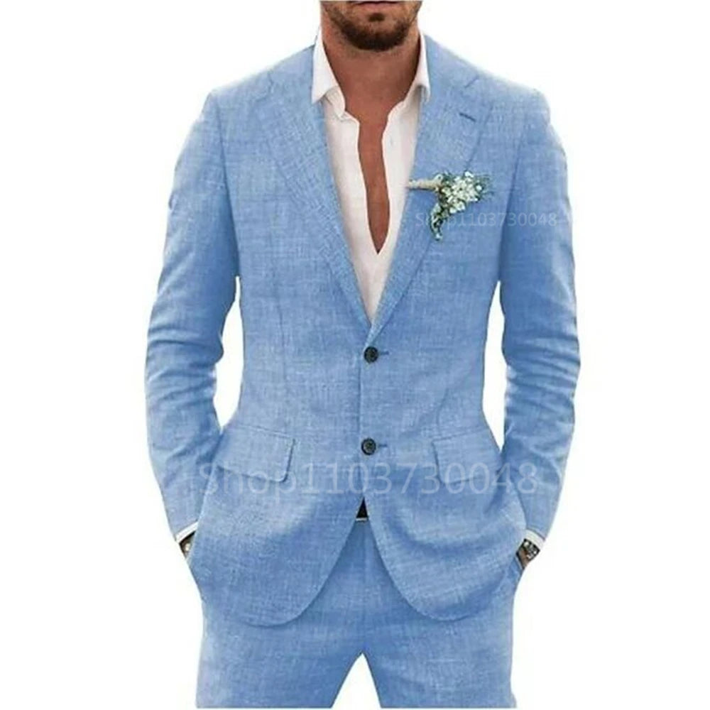 Casual 2 Piece Beige or Blue Linen Men Suits Notch Lapel Slim Fit Groom Tuxedos Blazer Pants Sets Wedding Prom Party