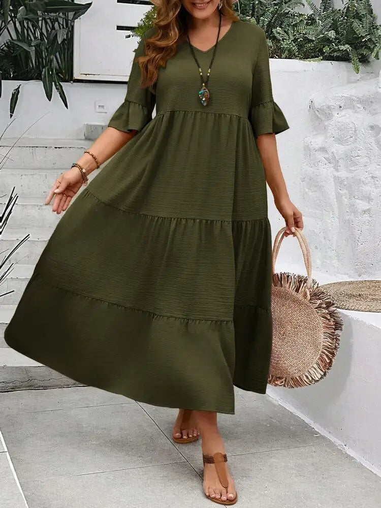 Spring and Summer  Large V-neck Splicing Multi color Multi plus size Long Style Large Swing Dress
