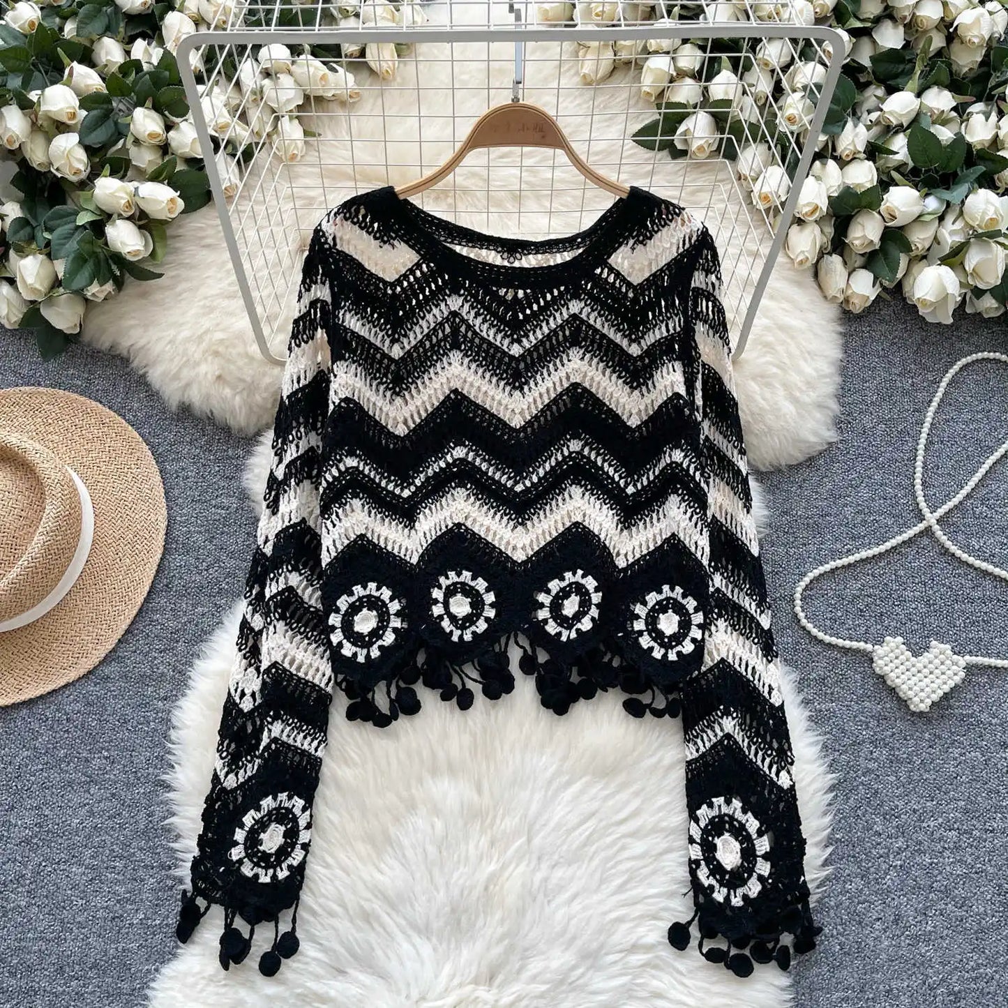 Crochet Top Long Sleeve O-Neck Wavy Striped Open-knit Pullover Sweater for Women Boho Vacation Outfit