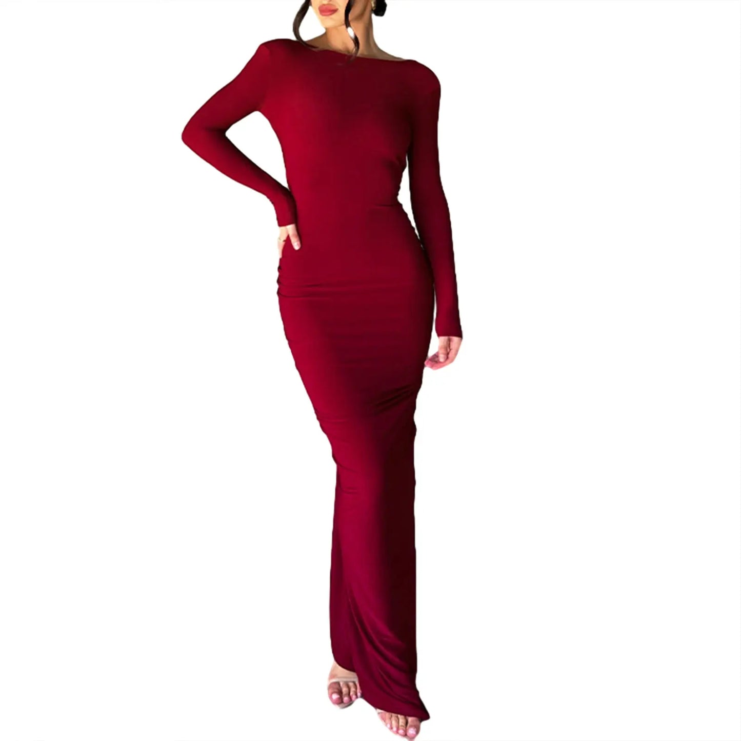Long Bodycon Dress Solid Color Deep V-Neck Ruched Long Sleeve Dress