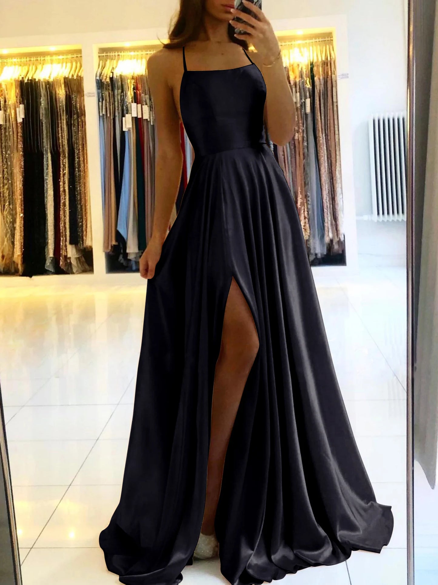 Elegant Dusty Green Long Prom Dress Sexy Backless Side Slit Halter Satin Evening Party Gowns