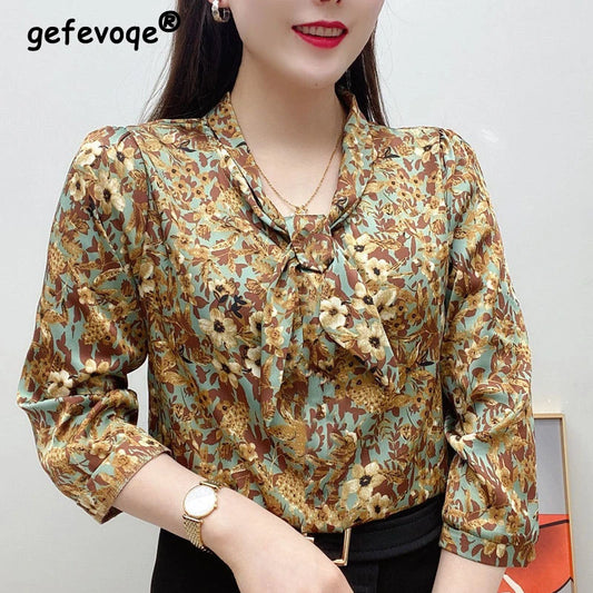 Floral Printed Bow Loose Long Sleeve Chiffon Shirts