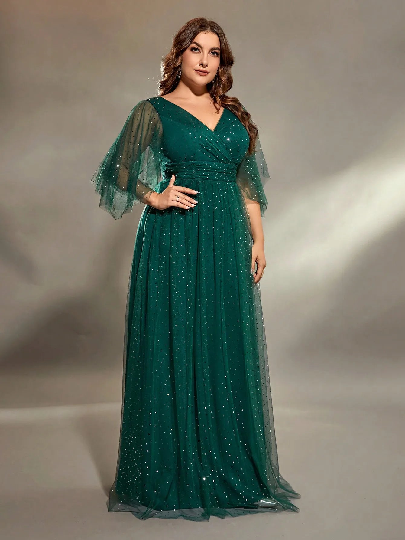 Plus size V-neck cross chest pleats long sleeve fillet netting A full skirt Evening gown Ball dress Prom dress