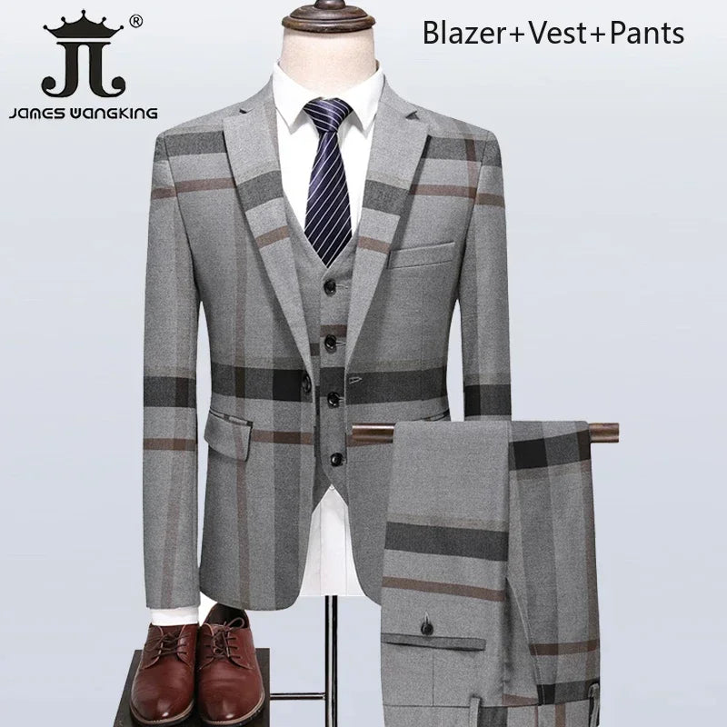 ( Blazer + Vest + Pants ) Boutique British Style Men's Suit Plaid Dress Business Casual Formal Suits 3Pcs Set