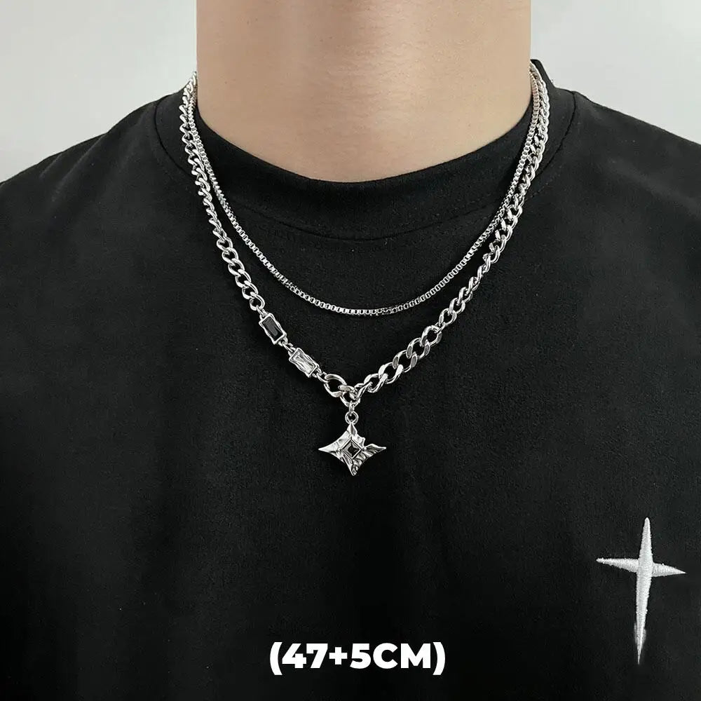 Zircon Double Layer Necklace For Men Women Trend Charm Titanium Steel Pendant Chain Unisex Jewelry