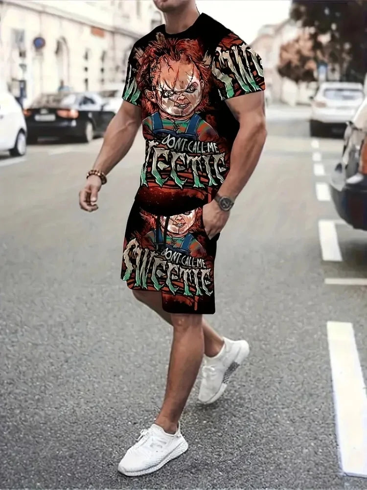Hip Hop Style Personality Cartoon 3D Printed Men's Round Neck Short Sleeve 2 piece Fashionable Street Sports All-match Men's Suit