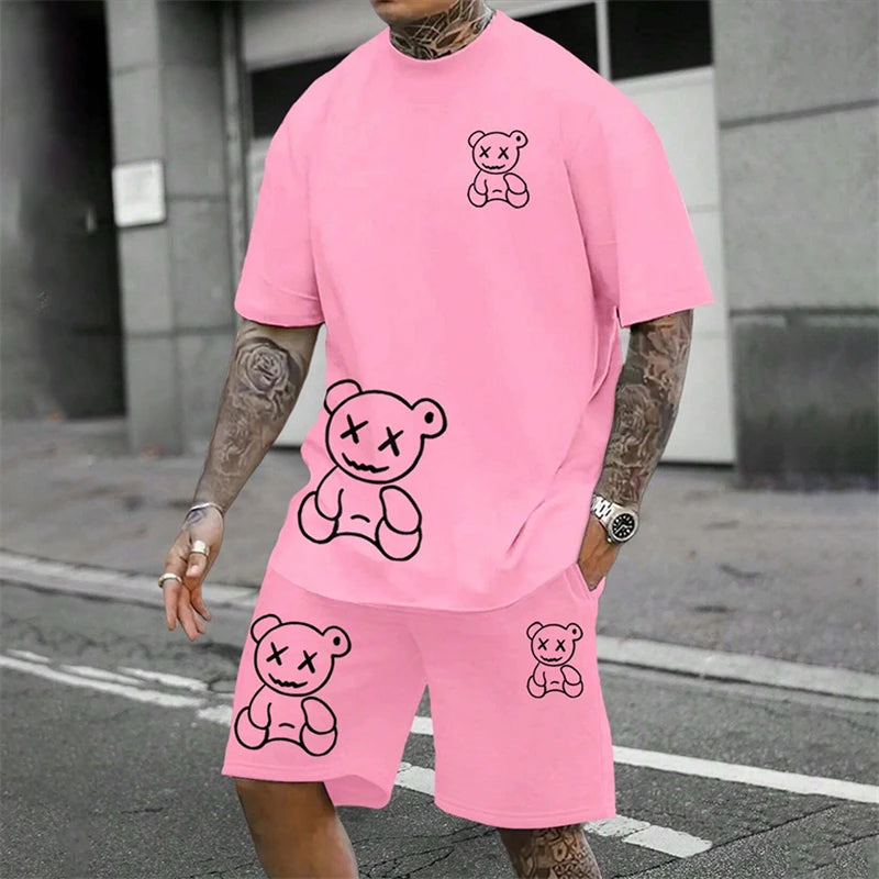 Fun Bear T-Shirt Men's Summer Loose Daily Couple Suit Outdoor Street Short Sleeve Shorts Two Piece Men Summer Suit