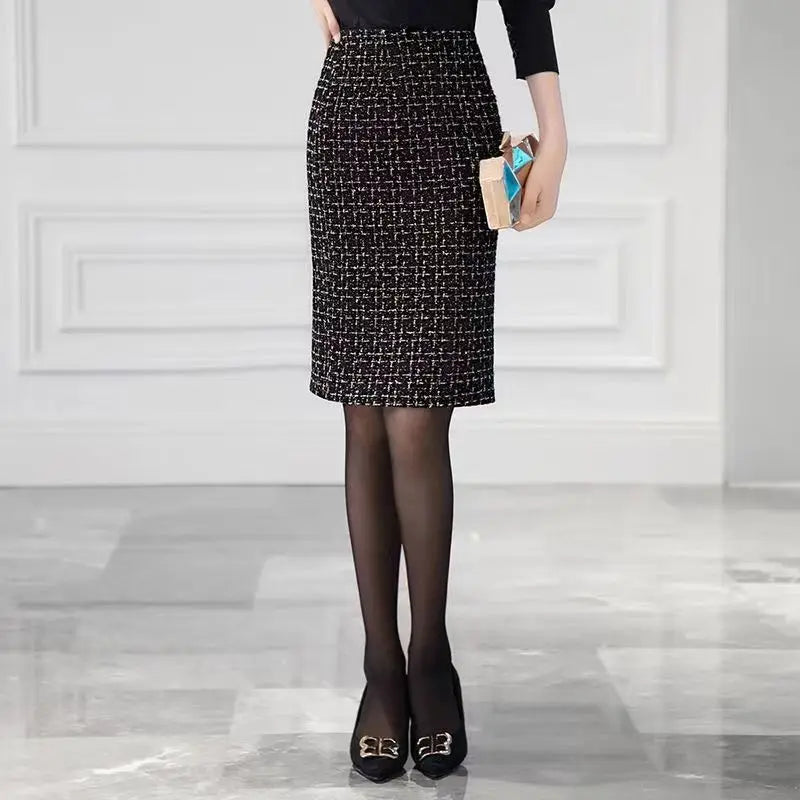 High Waist Slim Split  Knee-Length Plaid  Woolen Pencil Skirt