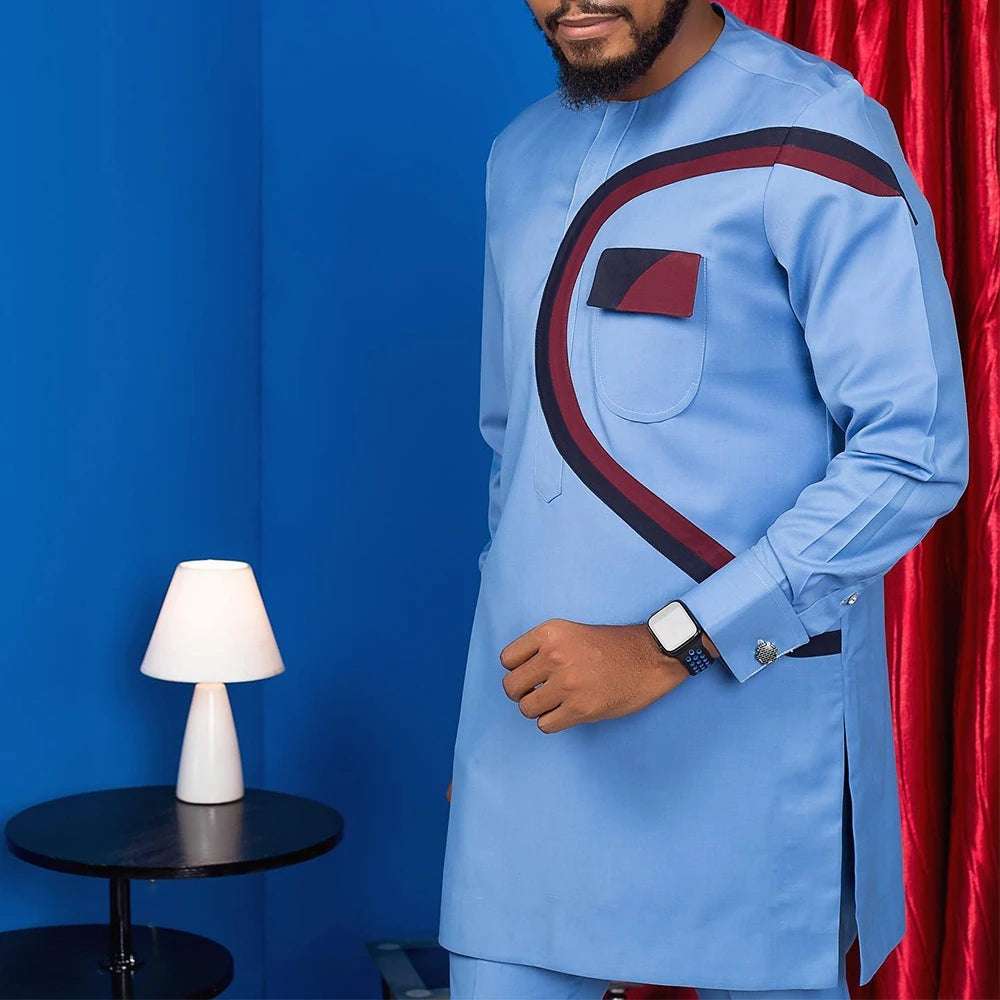 Men's  Wedding 2-Piece Suit Waist Pants Shirt Solid Color Panel Long Sleeve Party African Ethnic Style Clothing