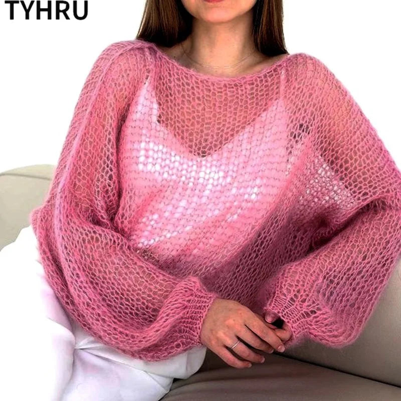 Women's Knitted Sweaters Lady Hollow out Mesh Thin Pullover See Through Look Lantern Sleeve Loose Tops Smock