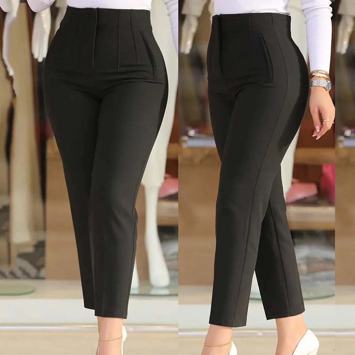 Slim Fit Women Formal Pants High Waist Cropped Trouser Workwear Solid Casual Pocket Elastic Waist Business Pant Womens