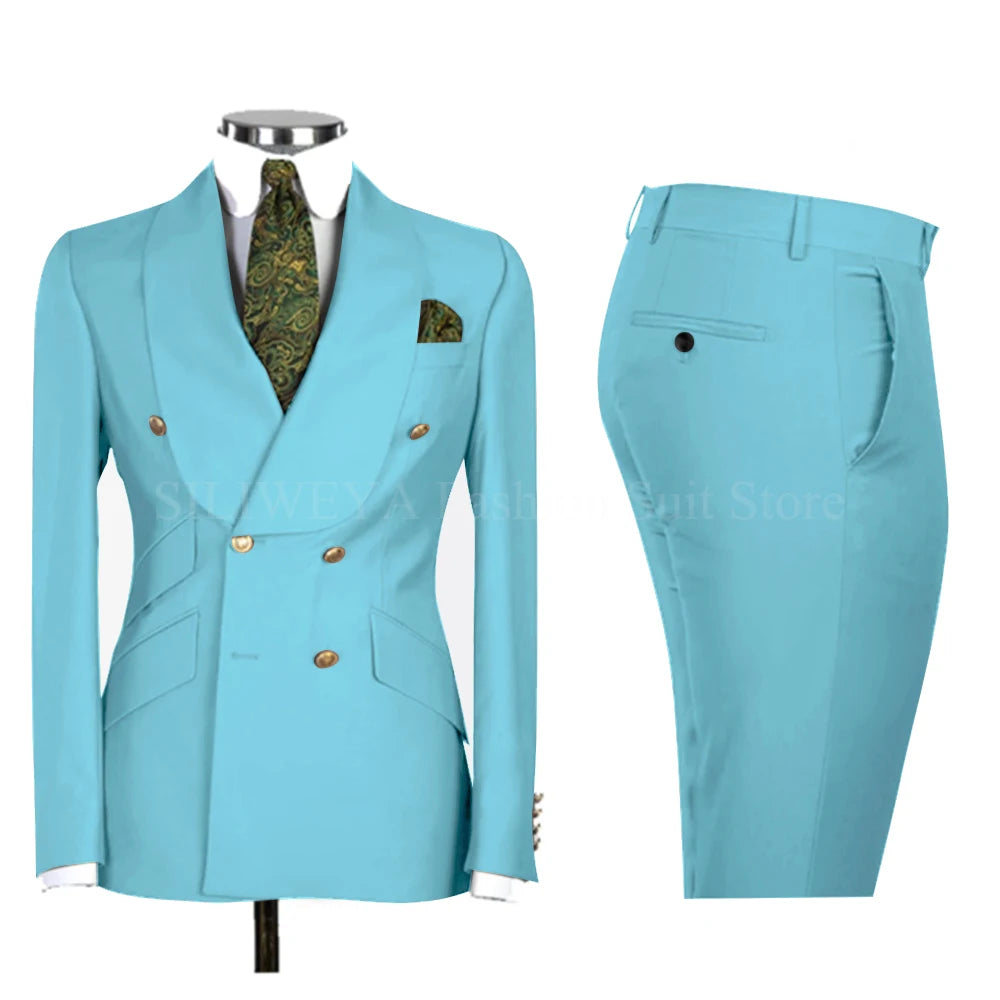 Gold Men Business Casual Men's Suits Jacket Pants Set Male Blazer Coat Pants 2PCS Slim Fit Suits