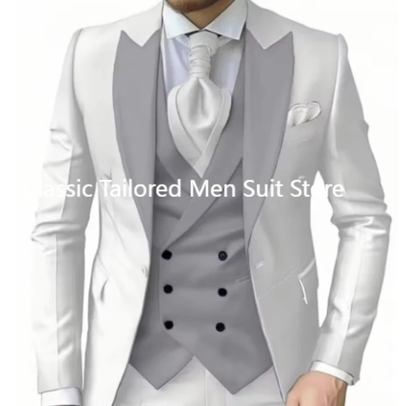 Elegant Wedding 3 Piece Jacket Pants Vest Full Set Luxury Single Breasted Peak Lapel  Male Clothing Men's Suits Blazer