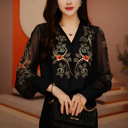Spring and Summer V-neck Printed Gauze  Long Sleeved Loose Breathable Shirt