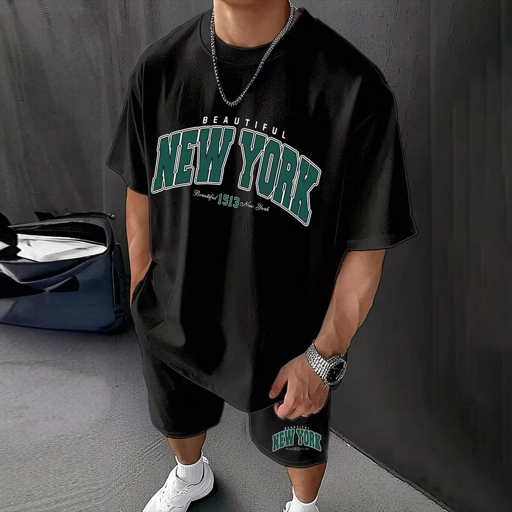 North American Fashion Men's Casual Suit with Print Pattern Short Sleeves and Shorts Sporty Breathable and Comfortable Clothing