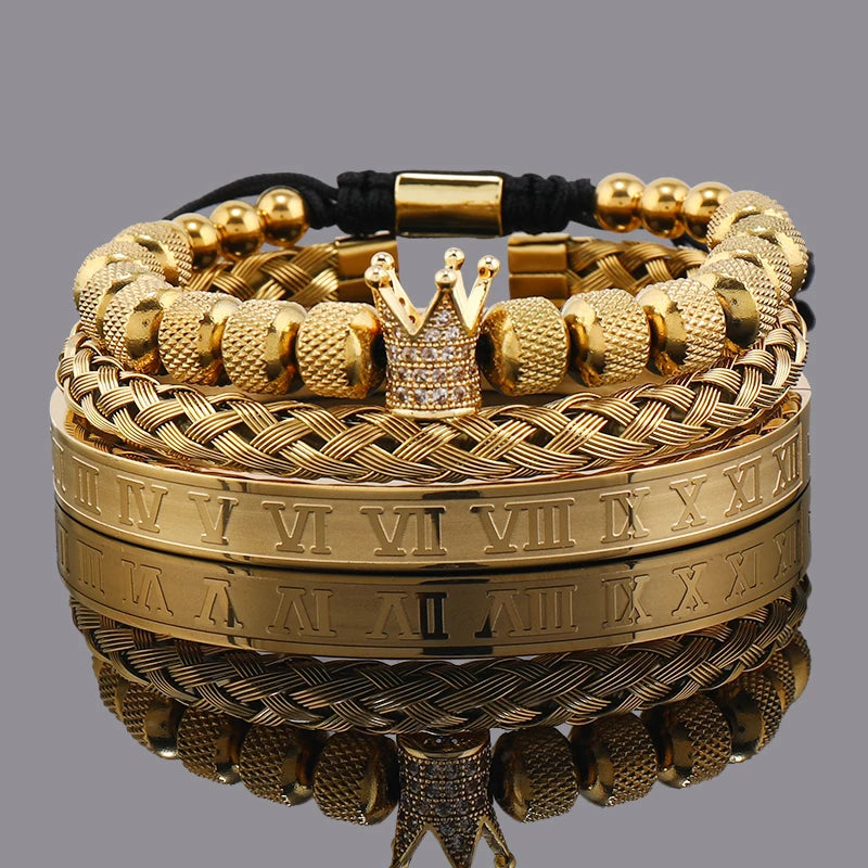 Luxury Set Crown Charms Man Bracelet Roman Stainless Steel Women Bangles Hand Jewelry