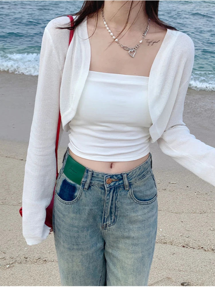 Summer Shrug Cardigan Women Sexy Long Sleeve Sheer Thin Crop Tops Woman Chic
