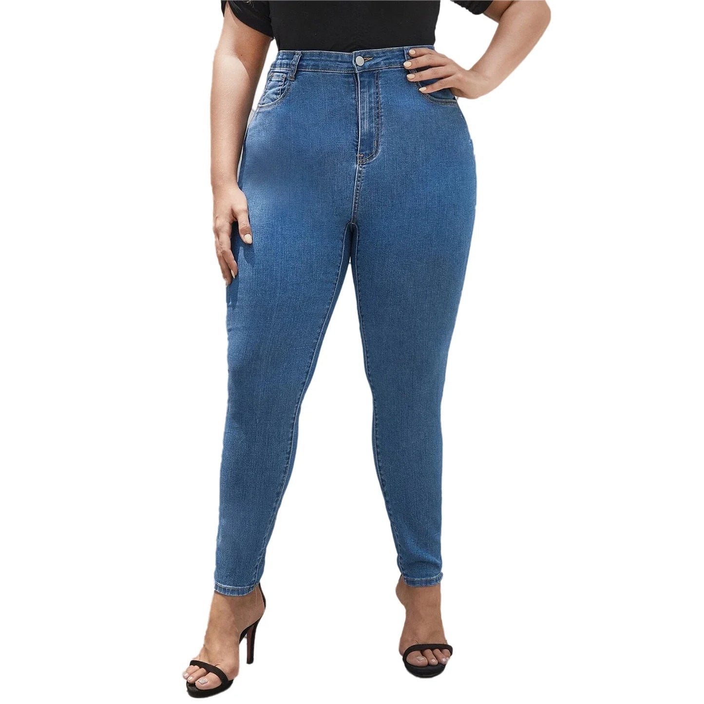 Plus Size Women Jeans  Full Length Denim Jeans High Waist High Stretchy  Denim Jeans