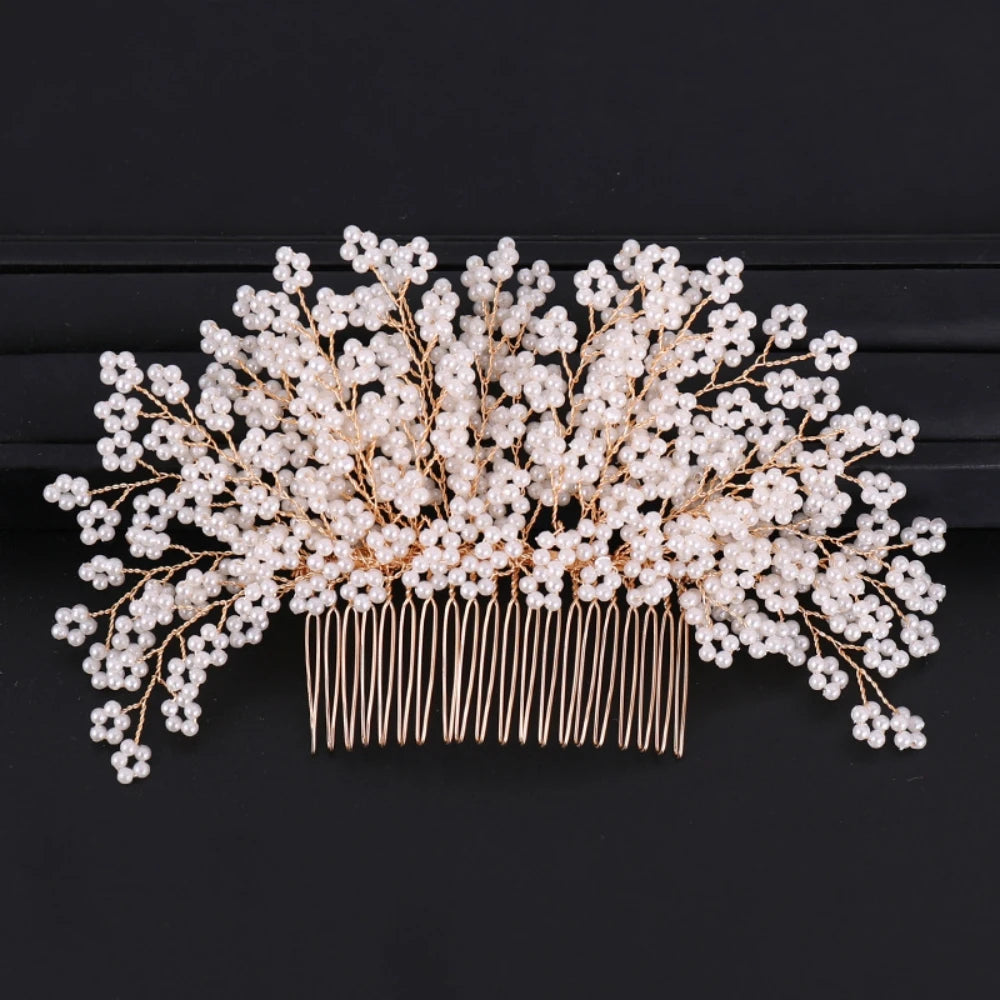 Gold Color Crystal Pearl Hair Comb Headband For Women Bride Party Bridal Wedding Hair Accessories Jewelry Comb Headband