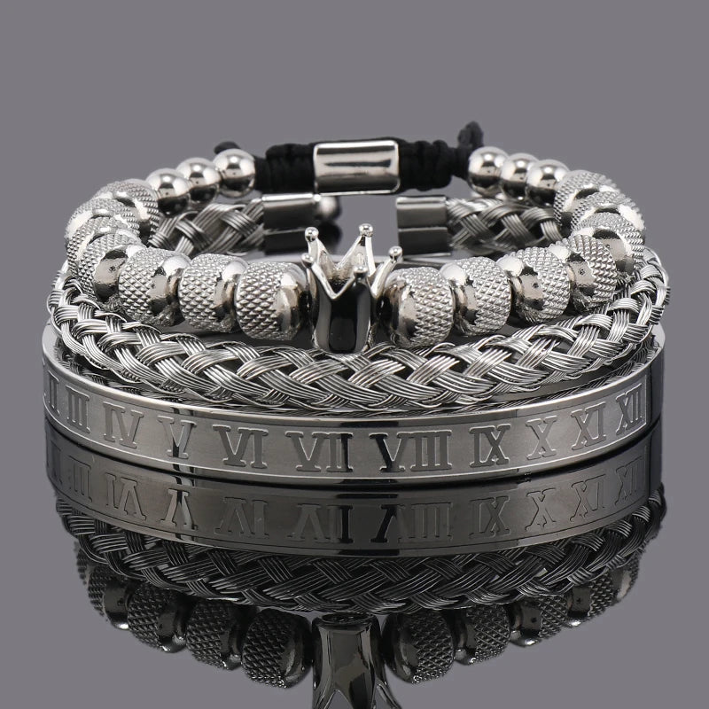 Luxury Set Crown Charms Man Bracelet Roman Stainless Steel Women Bangles Hand Jewelry
