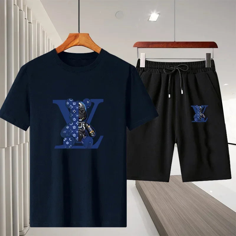 Men's short-sleeved T-shirt sportswear set, summer casual outdoor fashion men's round-neck top + Shorts 2-piece set