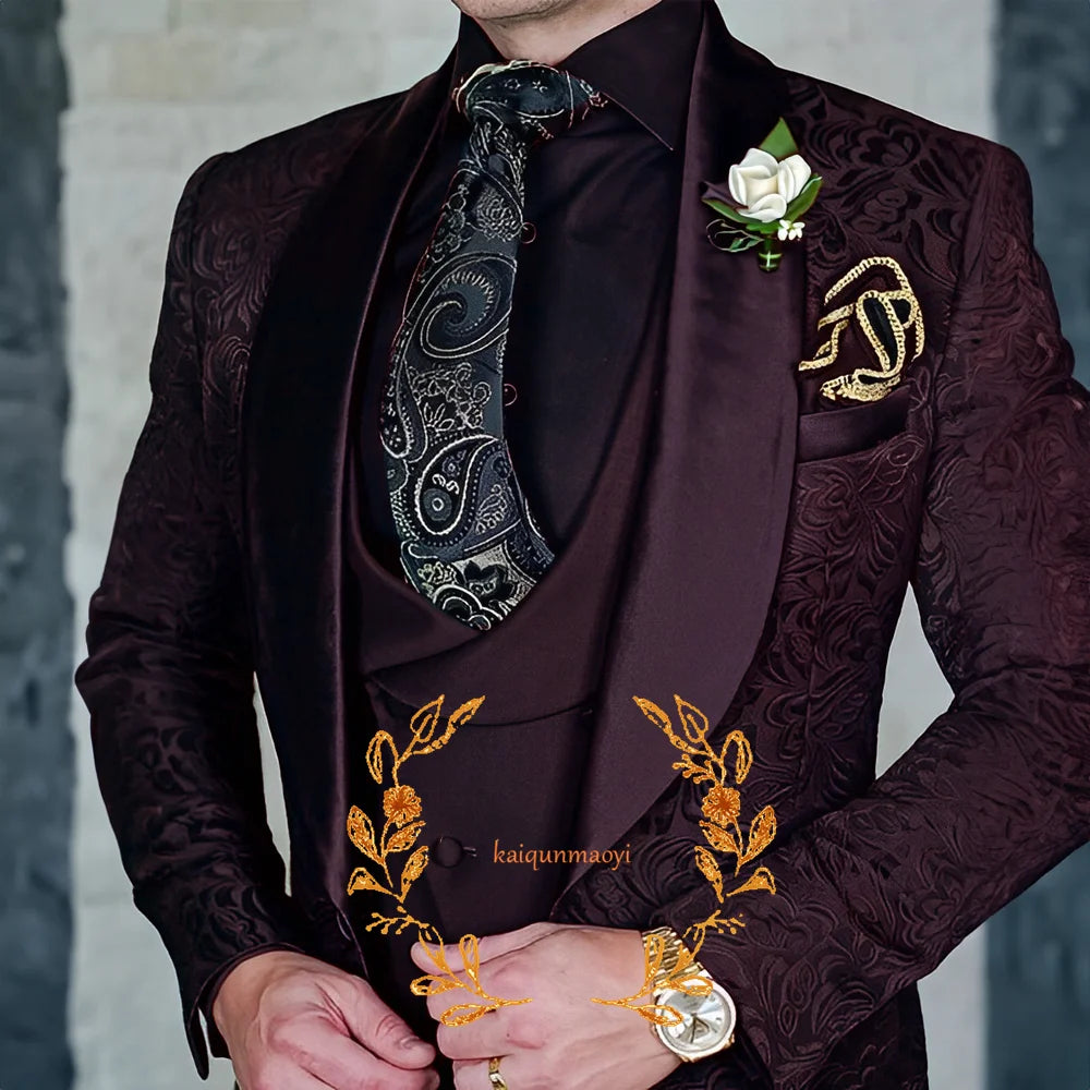Jacquard Elegant Men's 3 Piece Suit Set Wedding Groom Tuxedo Jacket Pants Vest Formal Party Dress