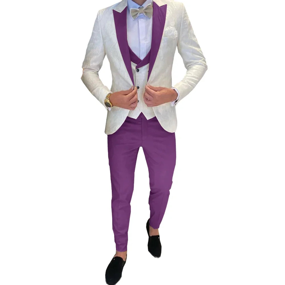 Ivory Men's Wedding Groom Suit 3 Piece Jacket Pants Vest Formal Tuxedo Elegant Men's Custom Suit  Bow tie not Included