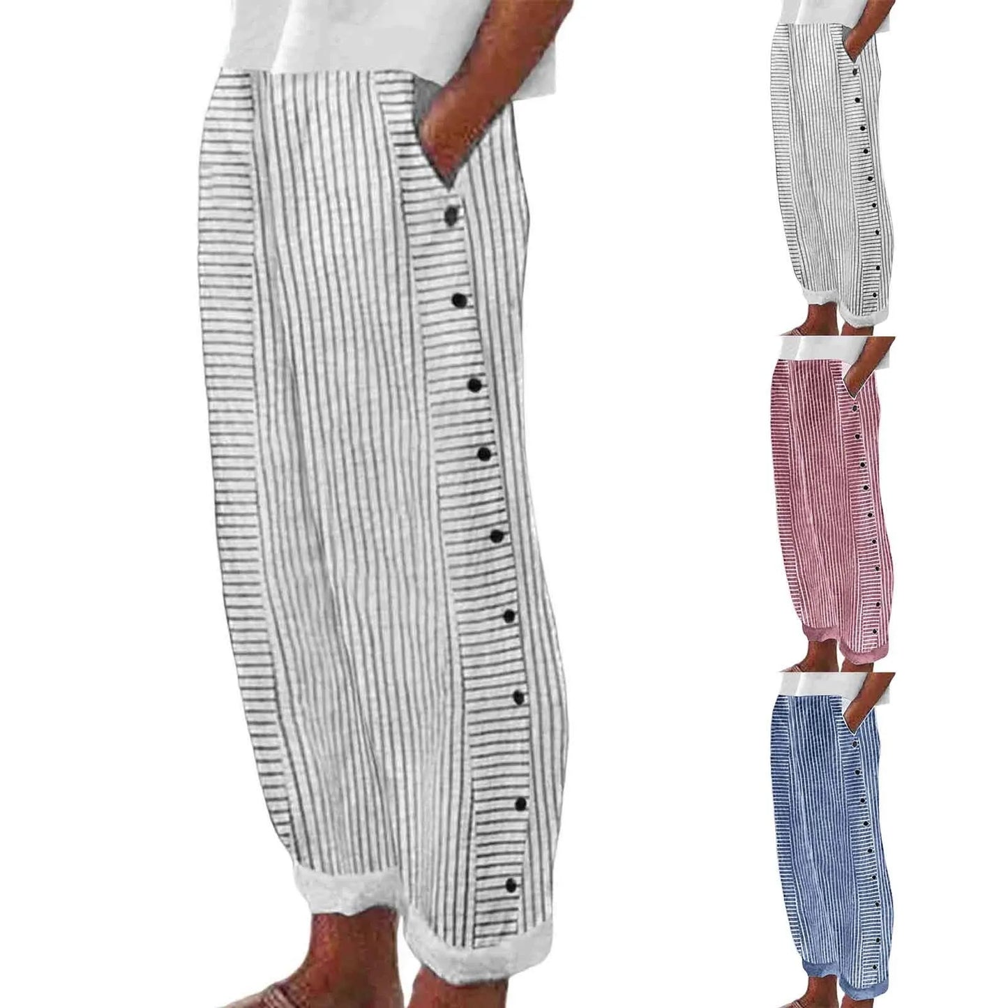 Long Linen Pants Women's Summer Fashion Striped Print Button Casual Versatile Loose High Waist  Dress Pants