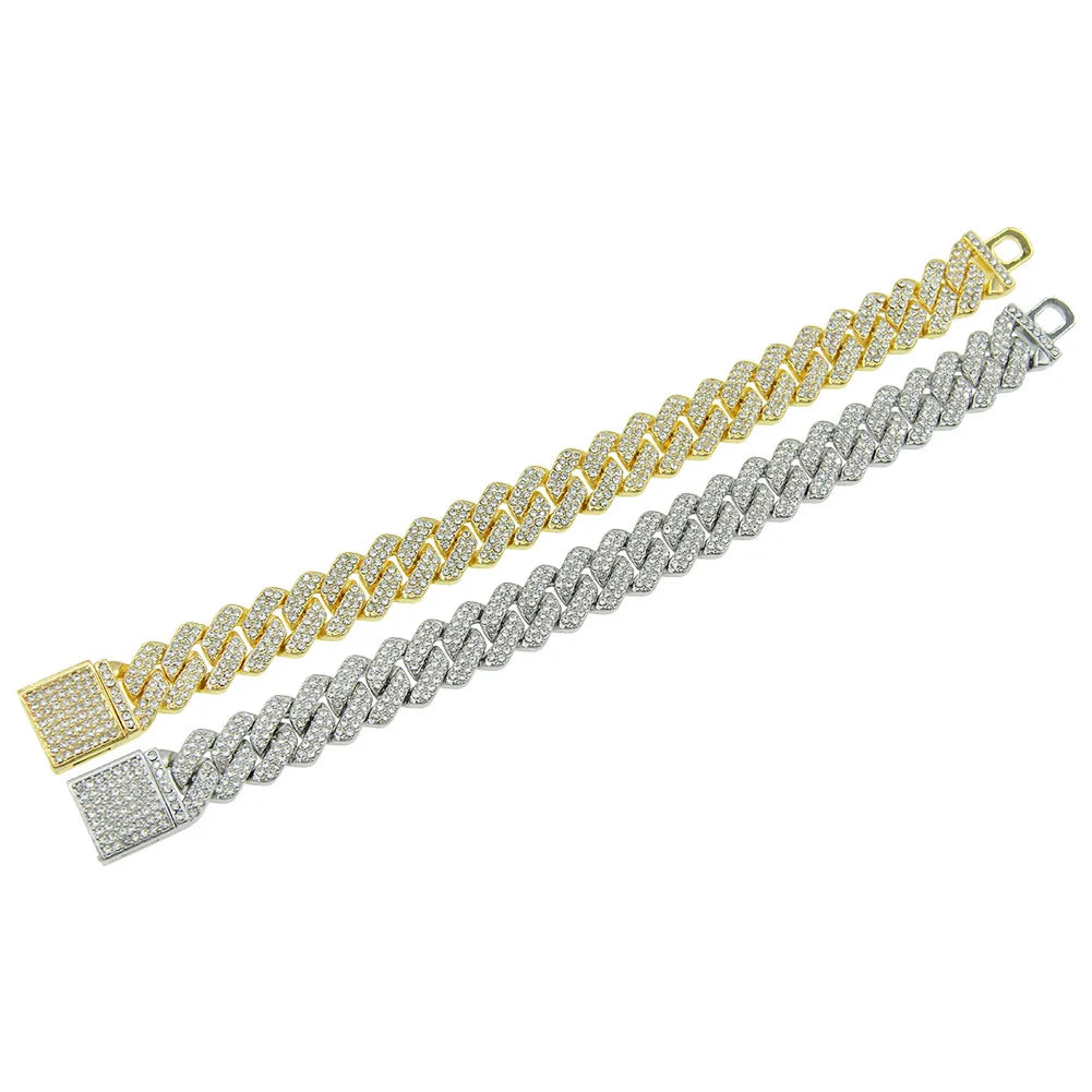 14MM 2 Row Rhinestone Paved Miami Rhombus Cuban Chain Men Women Prong Cuban Link Chain Bracelet Iced Out men Jewelry