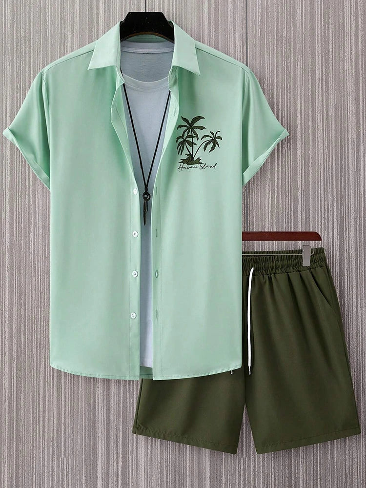 Fashion Hawaii Set Coconut Print Men's Shirt 2 Piece Luxury 3D Holiday Set Short Sleeve Casual Shirt Beach Two Piece Men's Set