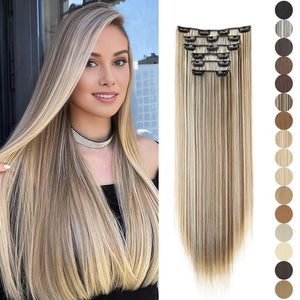Synthetic 24Inch 16 Clips in Hair Extensions Long Straight Hairstyle Hairpieces Heat Resistant False Hair Daily Use