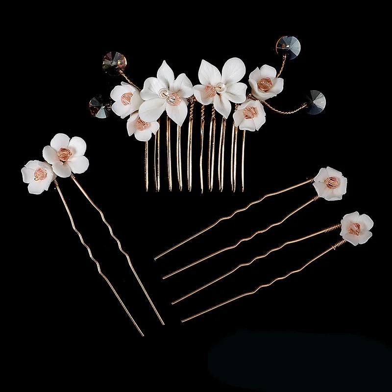 Luxury Pearls Flower Hair Comb Hair Pins Clips Set Cute Hair Fork Headpieces for Women Jewelry Gift Hair Accessory