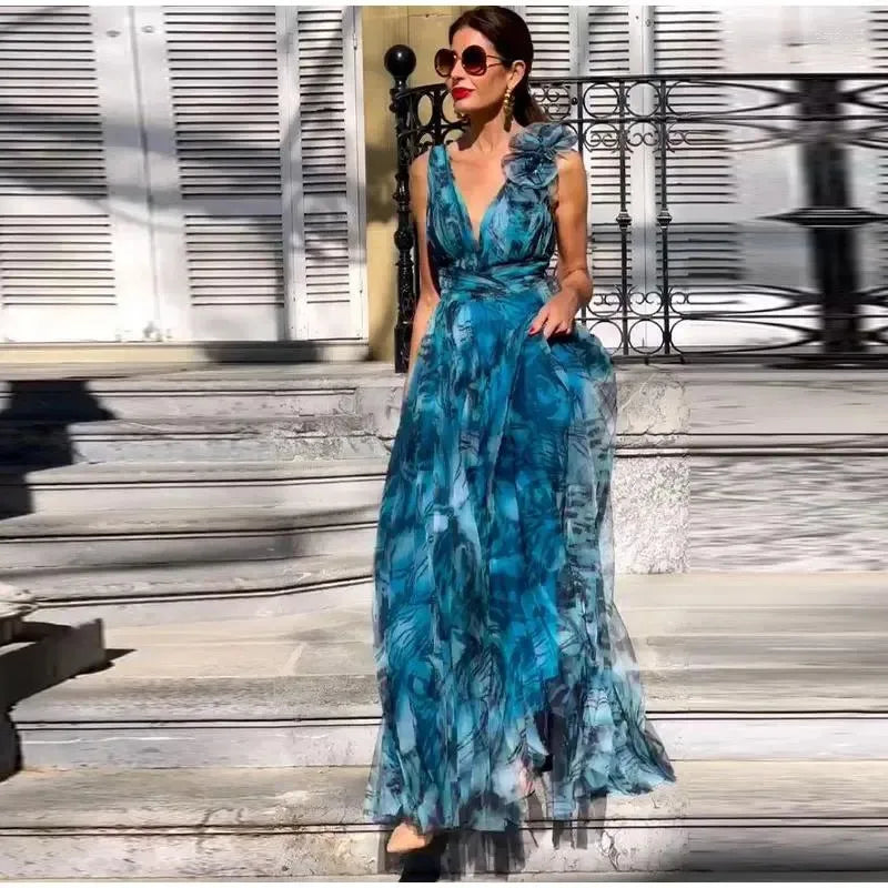 Boho Floral Maxi Dress Women - Gradient Blue V-Neck Sleeveless  Beach Party Dress with Ruffled Lace Hem