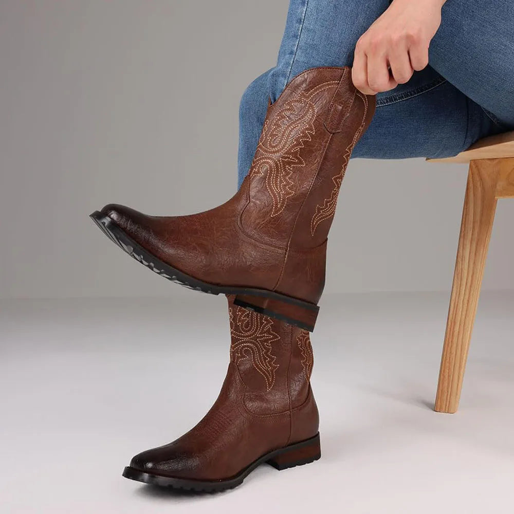 Plus size 12.5 Fashion Retro Square Toe Neutral Cowboy Boots Luxury Embroidered Concise Pull-on Western Boots