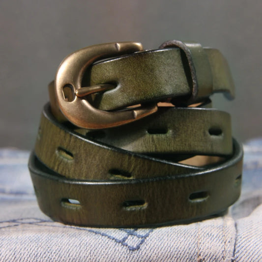Retro Genuine Leather Belt Pure Copper Button Western Style