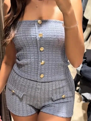 Elegant Knitted Women's Two Pieces Set Fashion Single-breasted Tube Top Hip Package Pockets Shorts Summer Casual Lady Suit