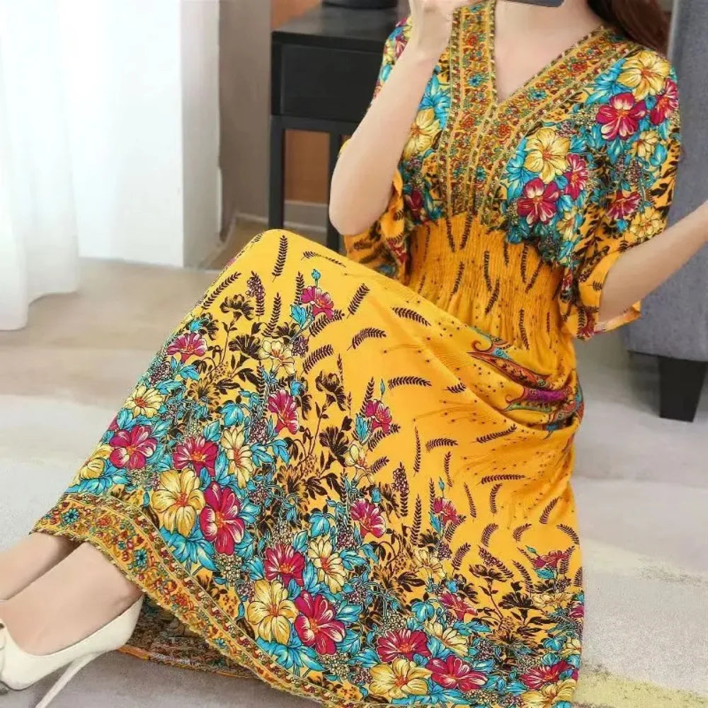 Colorful Flower V-neck Elastic Youthful Bohemian Sweet Midi Dress Woman Clothes Chic Fashion Summer Dresses
