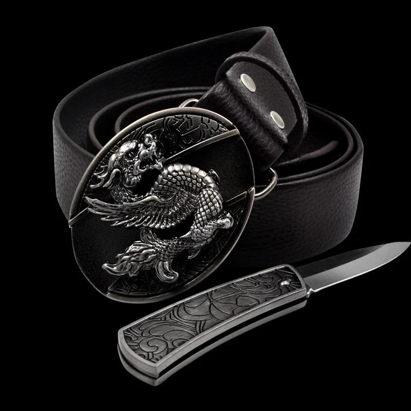 Adult Carved Invisible Knife Buckle Waist Belt Adjustable Personality Genuine Waist Belt