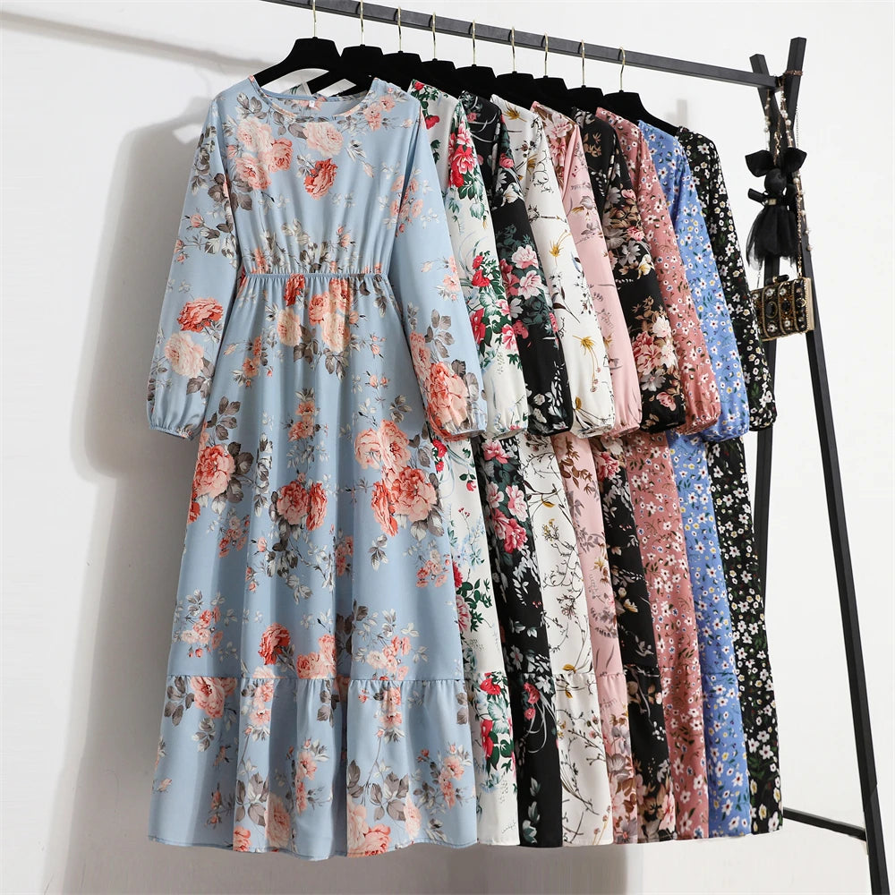 Spring Summer Women Maxi Dresses Casual Full Sleeve Floral Printed O-neck Woman Boho Beach Party Long Dress